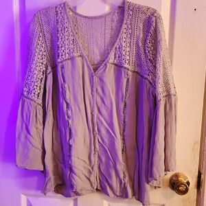 Women's Gray Lace Detail Button-Up Top